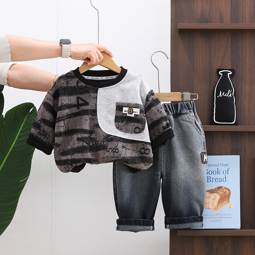 Children's Clothing Boys' Outfit 2026 New Stylish Baby Long Sleeve Striped Ripped Two-Piece Set for Kids Spring and Autumn