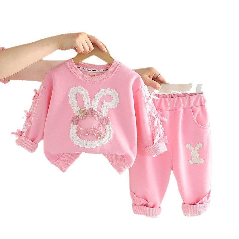 Girls' Fashionable Outfit 2 Children's Lace Bunny Clothes Baby Cute Toddler Clothing 1-Year-Old Girl Spring Autumn Set