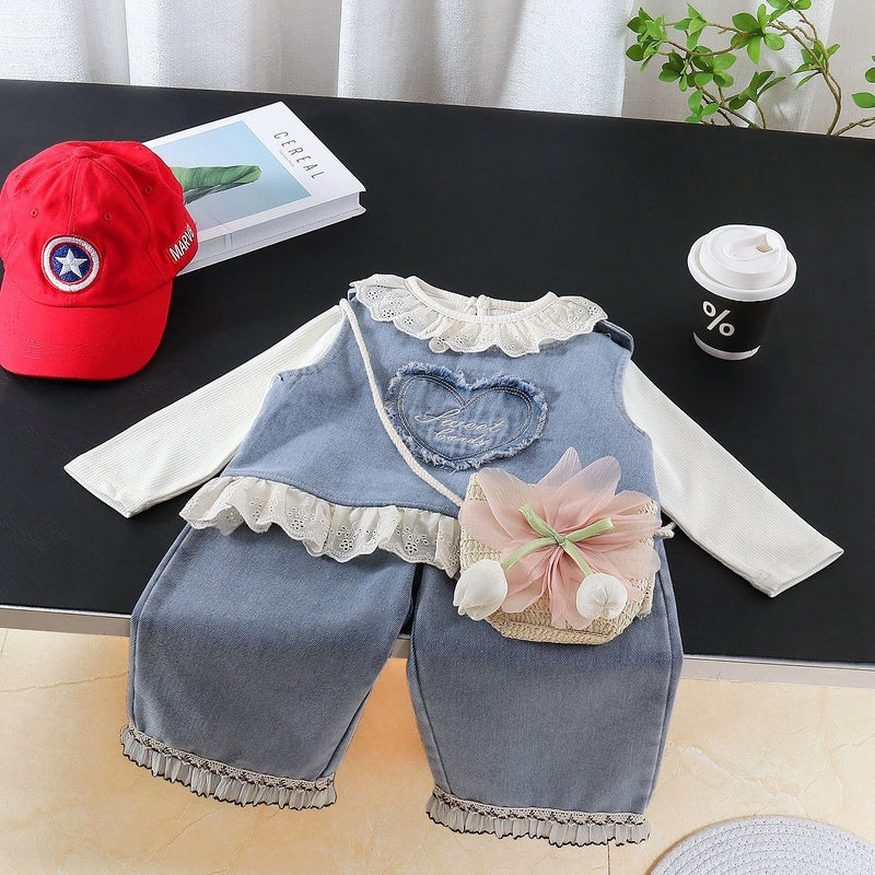 Girls' Outfit 2026 New Fashionable Clothes for Babies, Spring and Autumn Love Letter Denim Three-Piece Set