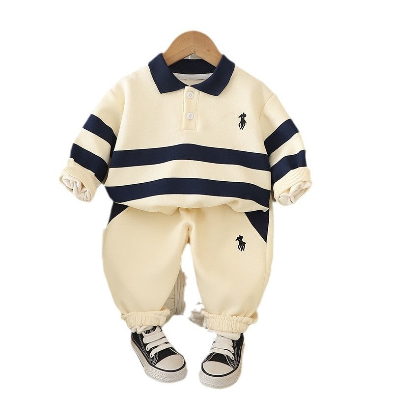 Boys' and Autumn Outfit Baby Spring Clothes Infant Children's Clothing New Embroidered Striped Polo Two-Piece Set for Boys