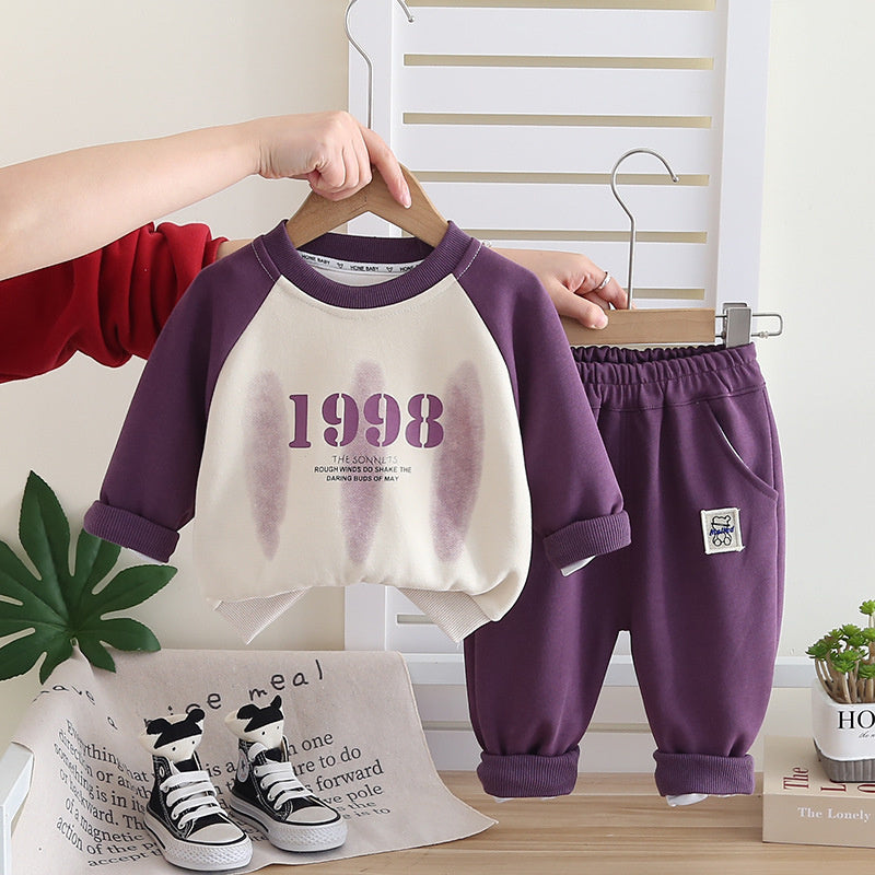 Boys' and Autumn 2025 New Baby Stylish Clothes Toddler Spring Color Block Raglan Sweatshirt Two-Piece Set Trendy