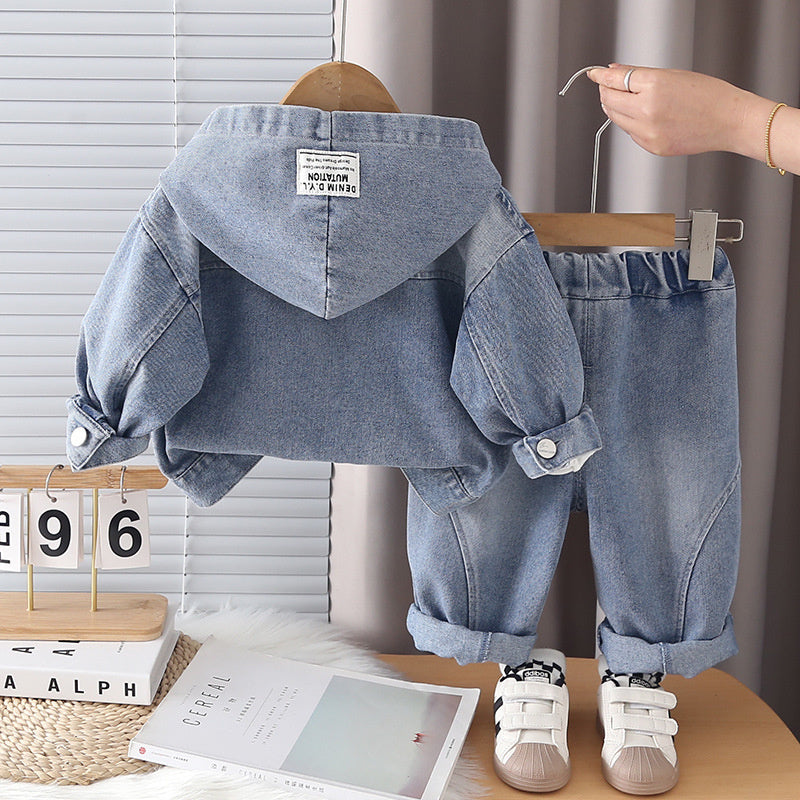 Boys' Outfit 2026 New Fashionable Casual Hooded Denim Three-Piece Set for Boys Spring and Autumn Trendy