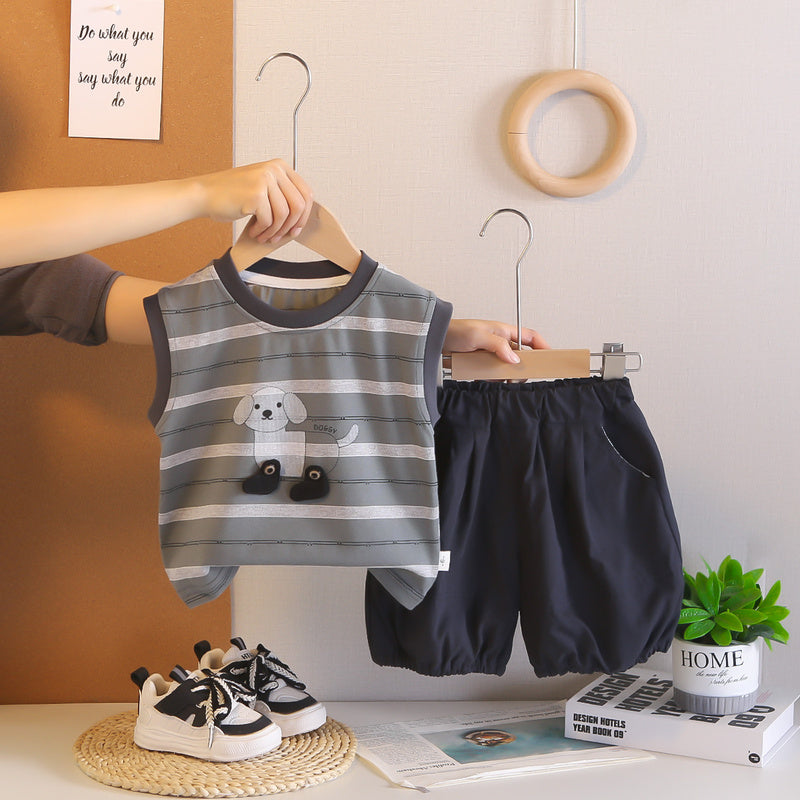 Baby Outfit Set 2026 New Model Boys' Striped Buttoned Puppy Vest Shorts Infant Children's Clothing Toddler Summer Wear