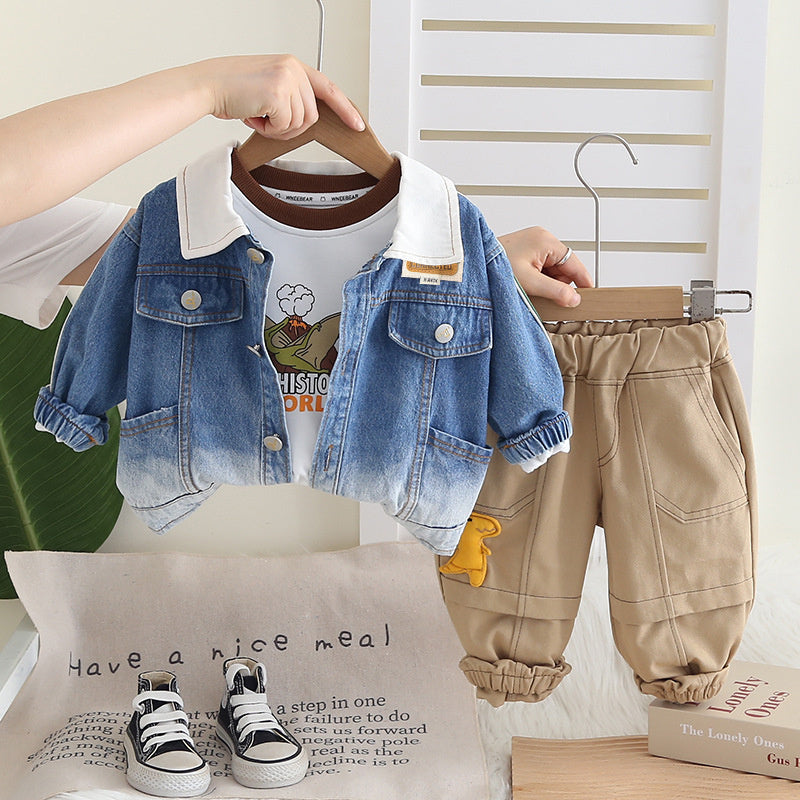Boys 2025 New Outfit Baby Spring and Autumn Ribbon Denim Three-Piece Set Children's Stylish Long Sleeve Clothes