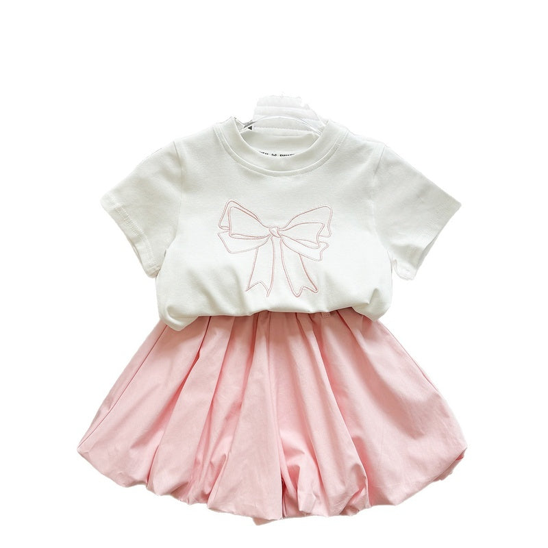 Girls' Summer Outfit New Embroidered Bow Short-Sleeve T-Shirt and Bud Shorts Casual Two-Piece Set for Girls