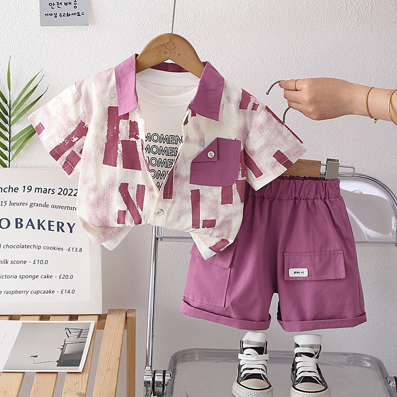 Boys' Clothing New 2026 Large Letter Shirt Baby Summer Outfit Stylish Short Sleeve Three-Piece Set