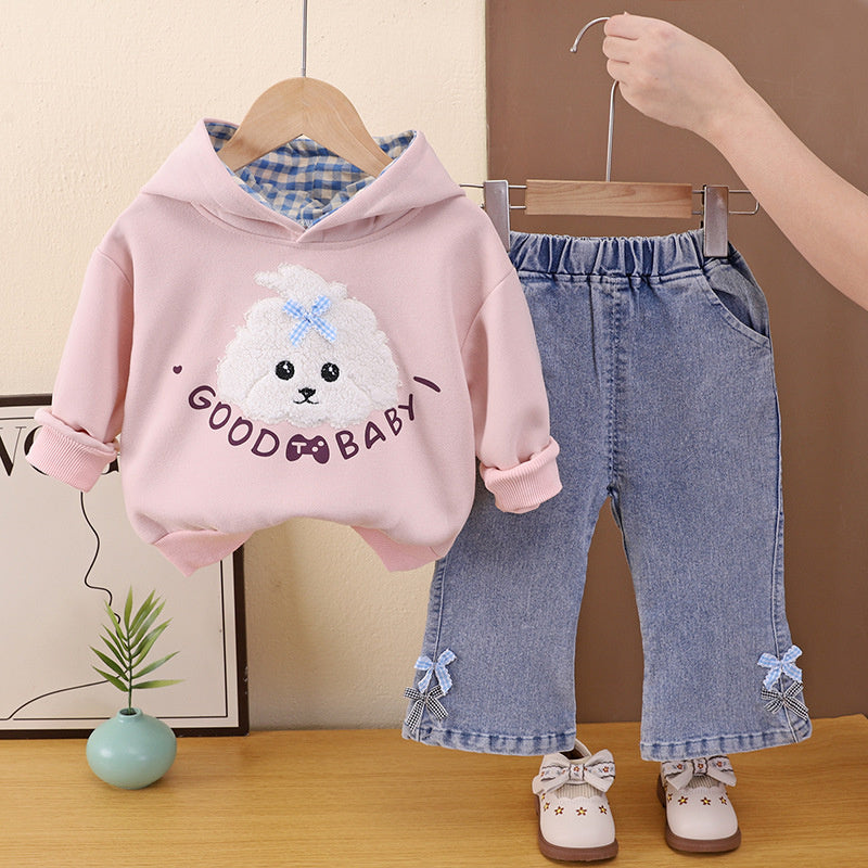 Girls' Outfit 2026 New Fashionable Cartoon Puppy Hooded Sweatshirt Set Baby Autumn Stylish Children's Clothing