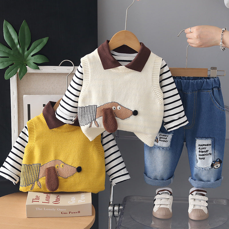 Boys' Suit for 2026 New Model Children's Cute Puppy Sweater Outfit Baby Clothes Spring and Autumn Three-Piece Set