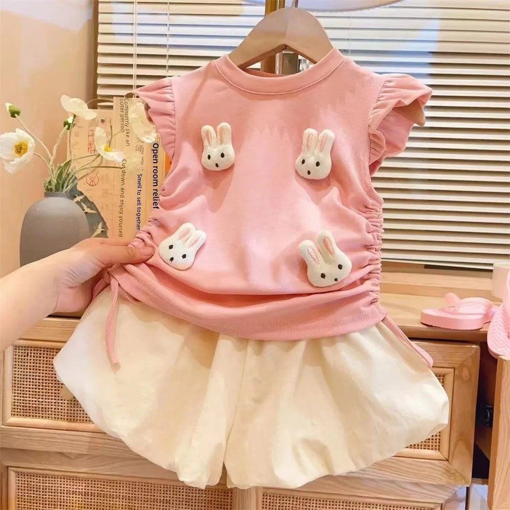 Girls' Summer New Set Baby Cute 3D Bunny Drawstring Top and Bloomers Shorts Two-Piece Trendy