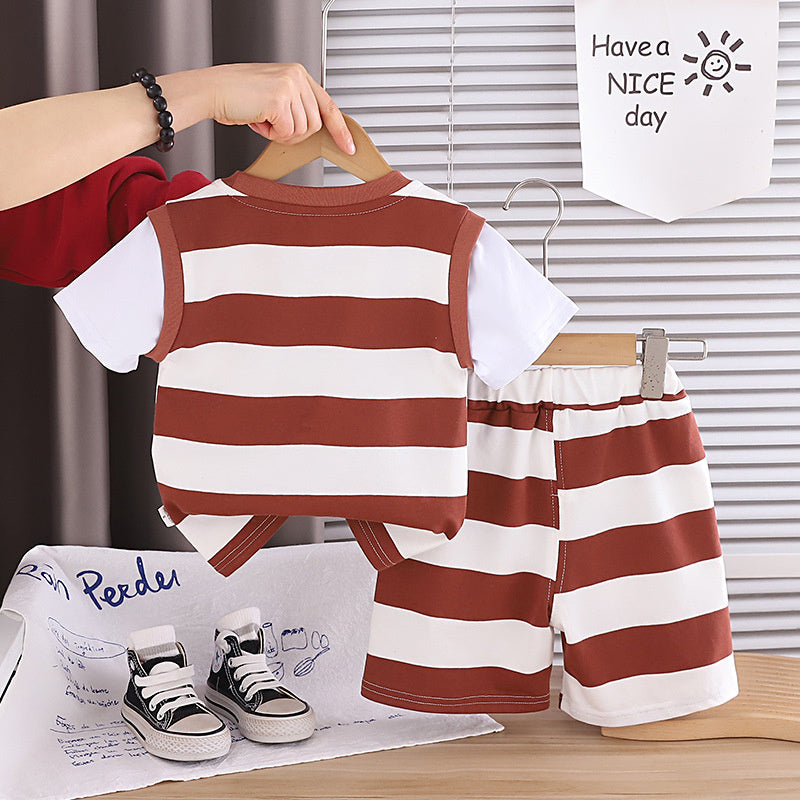 Boys' Outfit: Wide-Striped Letter Print Short-Sleeve Two-Piece Set, 2026 New Fashionable Baby Summer Thin Clothing Trend
