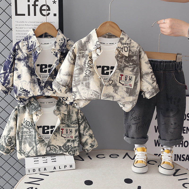 Boys' Spring and 2026 New Fashionable Children's Baby Toddler Infant Autumn Outfit Pocket Label Jacket Three-Piece Set