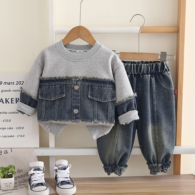 Boys' Outfit Baby 2026 New Fashionable Infant Spring and Autumn Denim Patchwork Sweatshirt Two-Piece Set Trendy