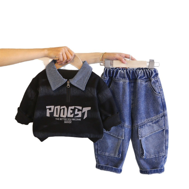 Boys' Outfit 2026 New Stylish Half-Zip Sweatshirt Set Baby Spring Fashionable and Trendy Infant Children's Clothing