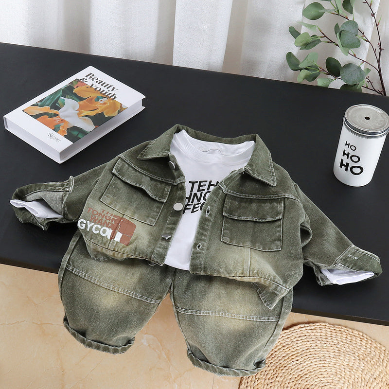 Children's for boys, 2026 outfit stylish baby spring and autumn denim long-sleeve three-piece set, infant clothing wholesale