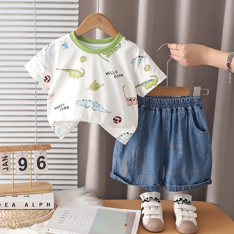 Boys' Outfit Short Sleeve 2026 New Fashionable Baby Children's Full-Print Cartoon Two-Piece Set Summer Toddler Clothing
