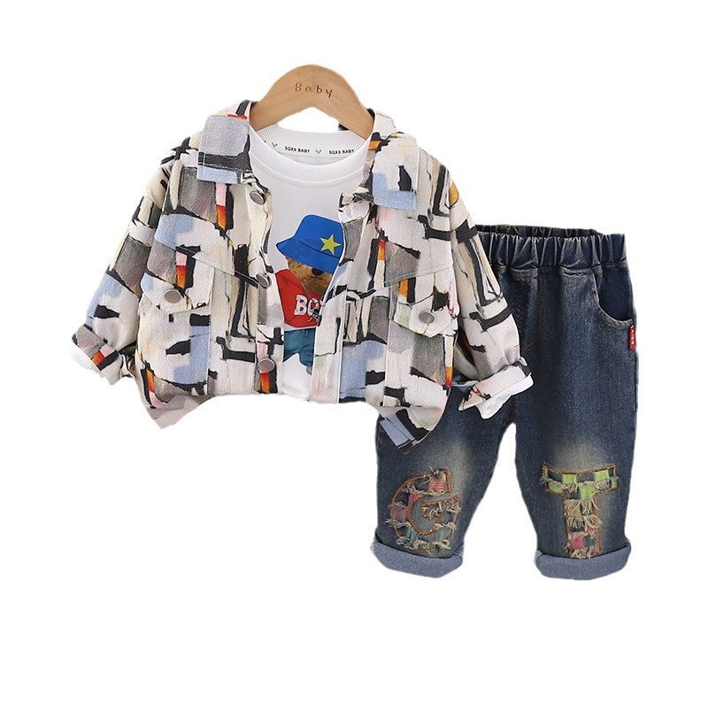 Boys' Outfit Children's Graffiti Workwear Stylish 1-2-3-4 Years Old Baby Spring Autumn Three-Piece Set One Piece Dropshipping