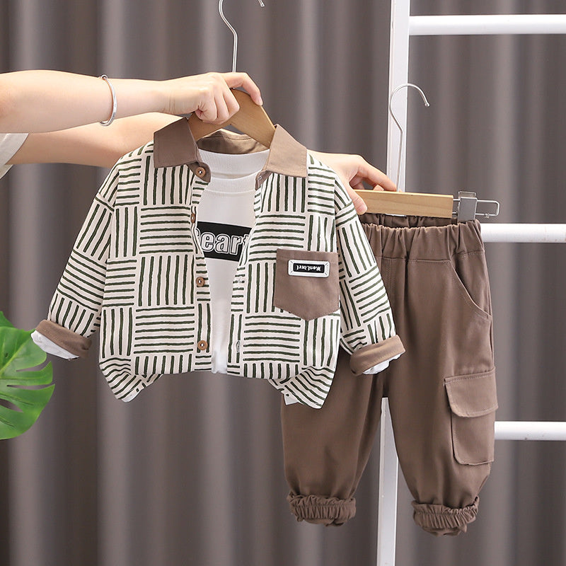 Boys' Trendy Clothing 2 Spring and 1 Year Old 3 Baby Autumn Striped Shirt Three-Piece Set Infant Children's Clothes 4