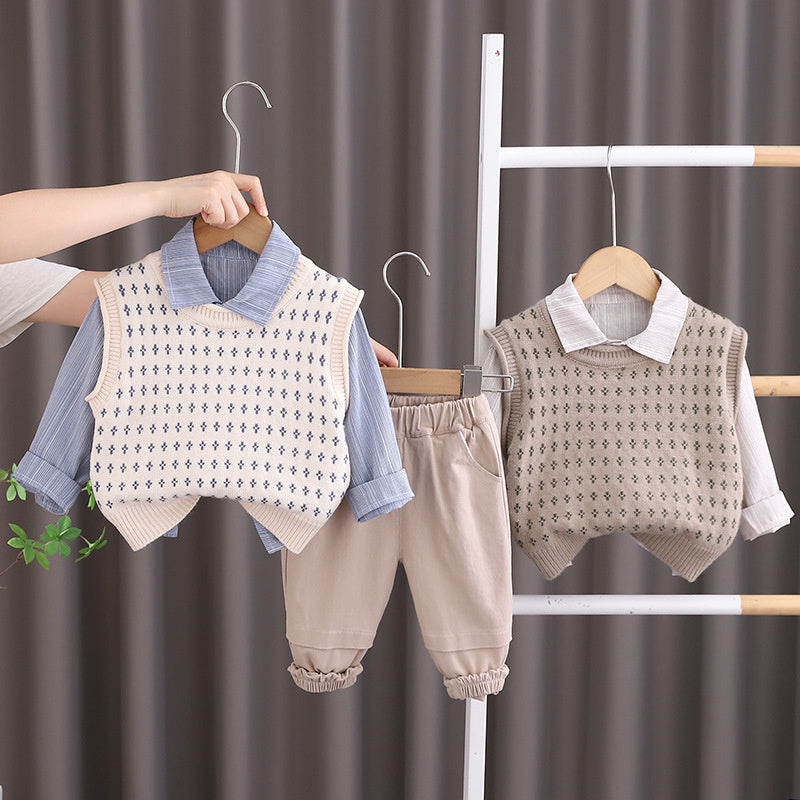 1 Year Old Baby Boy Outfit 2025 New Style 3 Boys Sweater Vest Three-Piece Set Spring and Autumn Infant Toddler Fashion