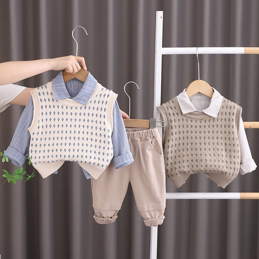 1 Year Old Baby Boy Outfit 2025 New Style 3 Boys Sweater Vest Three-Piece Set Spring and Autumn Infant Toddler Fashion