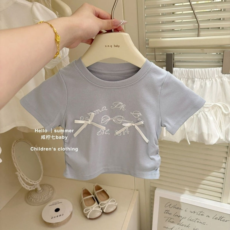 Girls' Korean-style outfit 2025 summer new children's bow short-sleeve T-shirt and skirt two-piece set