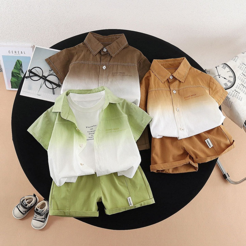 Boys Outfit 2026 New Gradient Color Short Sleeve Korean Style Baby Summer Thin Three-Piece Set Trendy
