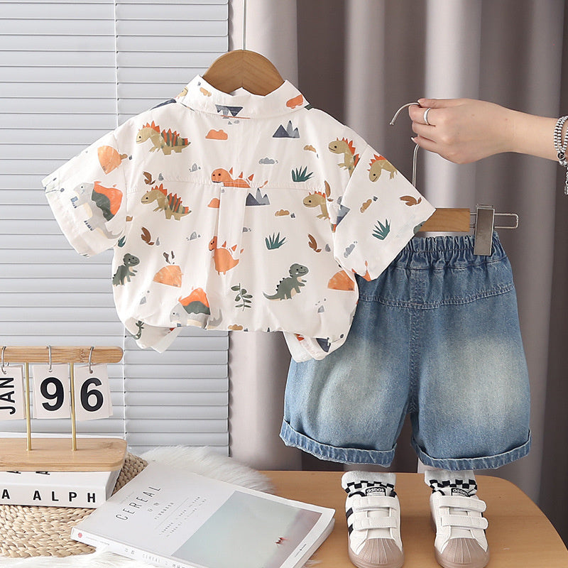Boy Outfit Korean Style Summer Clothes Cartoon Full-Body Dinosaur Shirt Short Sleeve Shorts Baby Three-Piece Set