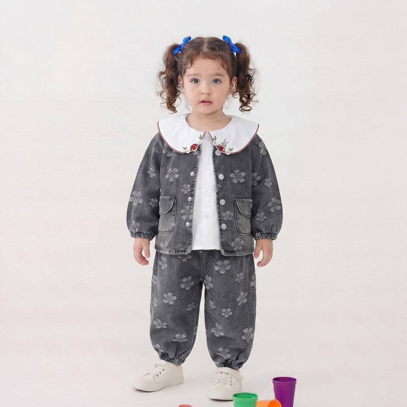 Girls' Spring and Autumn Petal Denim Outfit 2026 New Fashionable Korean Style Three-Piece Set for Young Girls