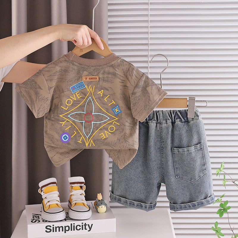 Boys' Outfit 2026 New Stylish Children's Summer Thin Leaf Print Round Neck Short Sleeve Two-Piece Set for Baby Boys
