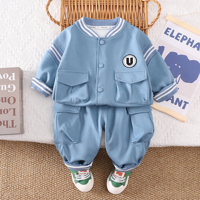 Boys' Spring and Set 2025 New Children's Stylish Letter Baseball Jacket Two-Piece Baby Autumn Casual