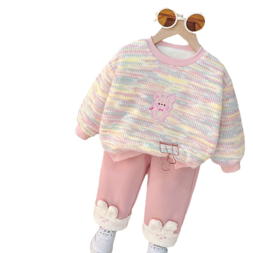 Baby Clothes Fleece Autumn and Winter Casual Rainbow Bear Sweatshirt Two-Piece Set for Girls, One-Piece Dropshipping