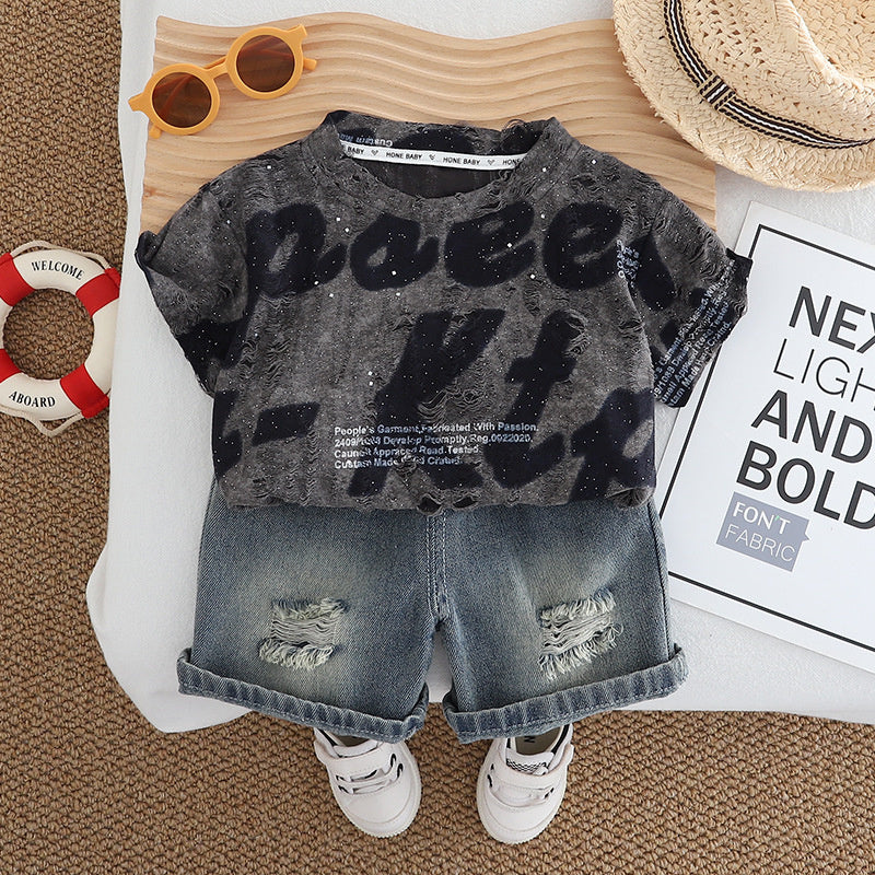 Boys Summer Suit Handsome 2025 New Korean Version Children's Stylish English Short Sleeve Baby Thin Two-Piece Set Trendy