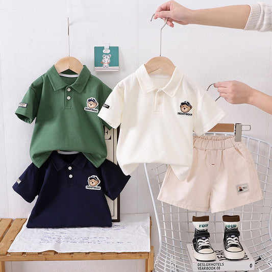 Baby Boy Outfit Boys Embroidered Logo Polo Shirt Short Sleeve Two-Piece Set Children's Summer Clothing for Ages 1-3-5