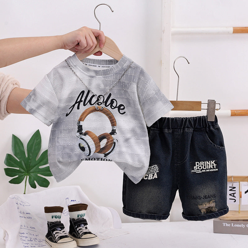 Children's 2026 New Style Boys' Casual Chain Earphone Short Sleeve Clothes Baby Summer Fashion Outfit