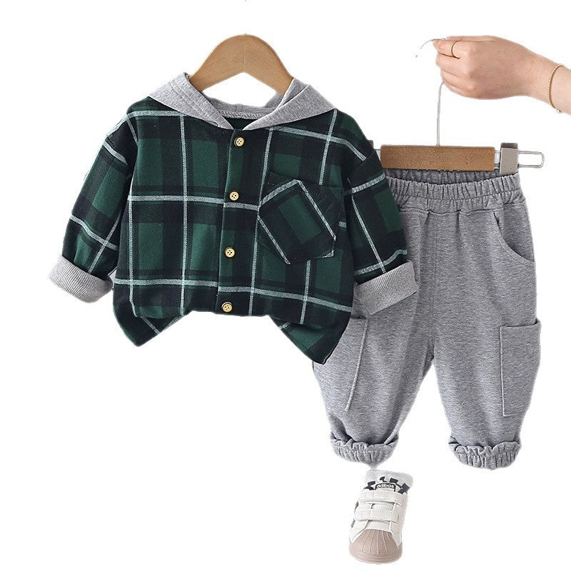 and Autumn Casual Hooded Plaid Shirt Set for Toddlers 1-3 Years Old, Baby Outerwear, Boys' Spring Outfit