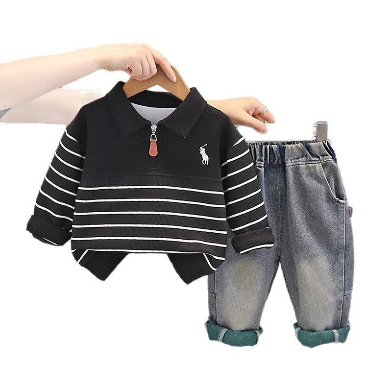 Boys' Autumn Outfit 2026 New Style Baby Boy Spring Fashionable Half-Zip Striped Two-Piece Set for Infants and Children