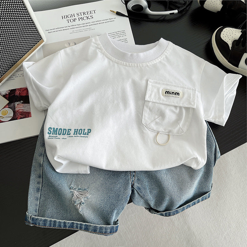 Boys Outfit Letter Pocket Set Baby Summer Sports Children's Clothing Toddler Short Sleeve Stylish 4 Infant 3 Clothes