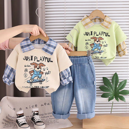 Children's Clothing Boys' Spring 2026 New Fashionable Skateboard Dog Plaid Two-Piece Set for Toddlers and Kids