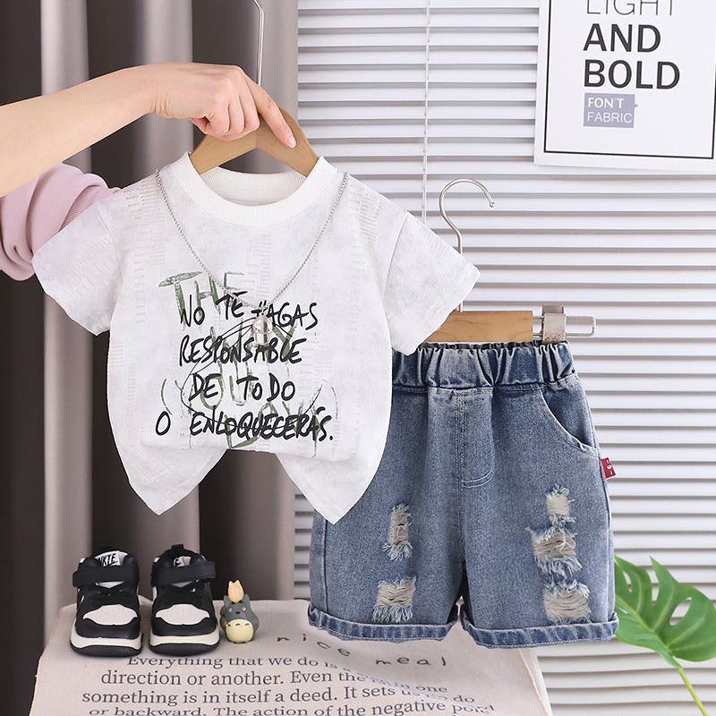 Stylish short-sleeve outfit baby boys, infant letter-print two-piece set, trendy summer suit for boys