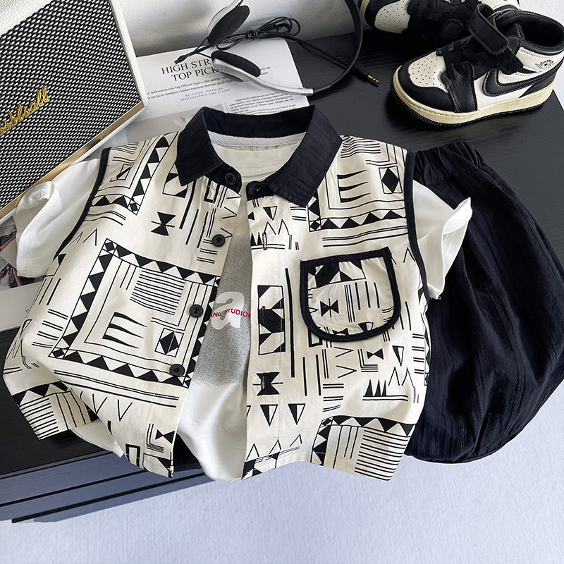 Boys' Outfit 2026 New Style Shirt Korean Version Baby Boy Summer Fashion Casual Children's Short Sleeve Three-Piece Set