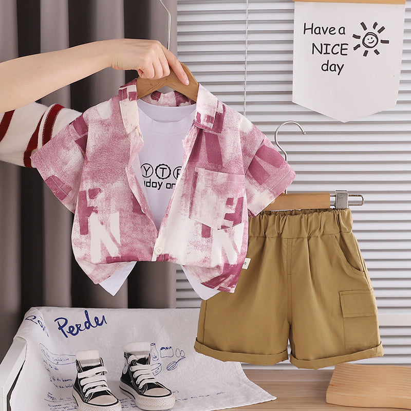 Boys' clothing for ages 1-4, 3-year-old children's wear, 2-year-old baby set, summer letter-print shirt short-sleeve three-piece trendy outfit