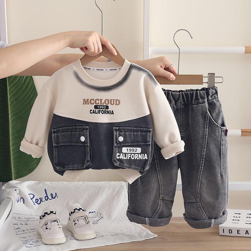 Outfit 2026 New Children's Denim Patchwork Sweatshirt Boys' Spring and Autumn Sports Casual Two-Piece Set