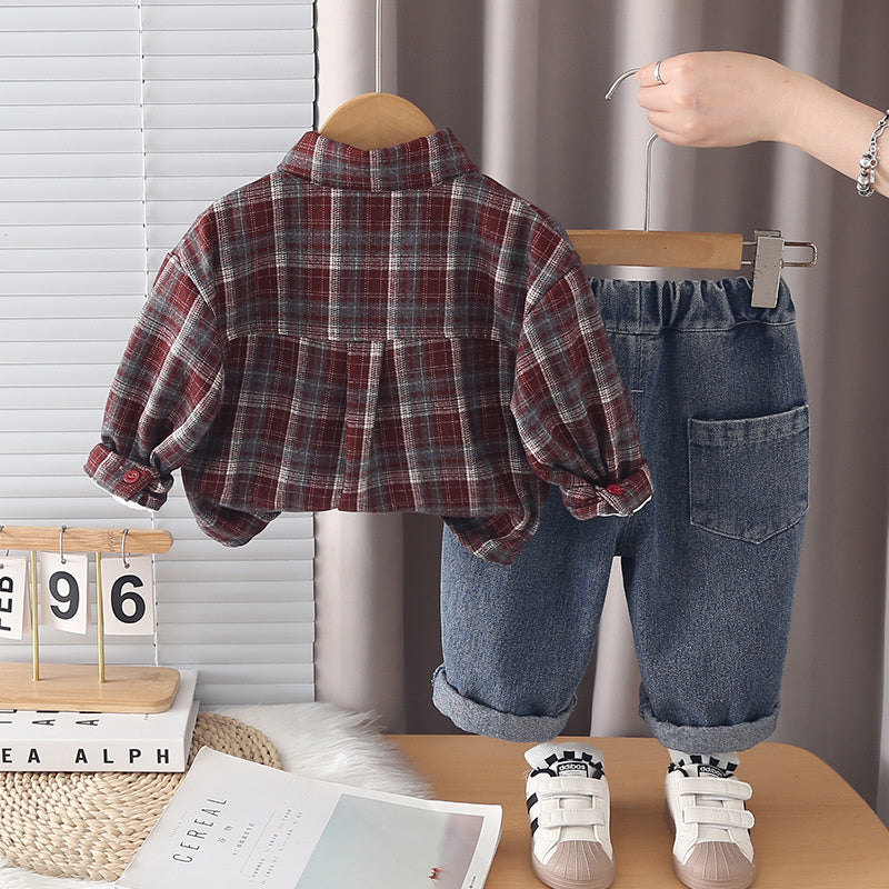 Boys' Suit 2026 New Style Children's Spring and Fashionable Baby Autumn Plaid Embroidered Jacket Three-Piece Set