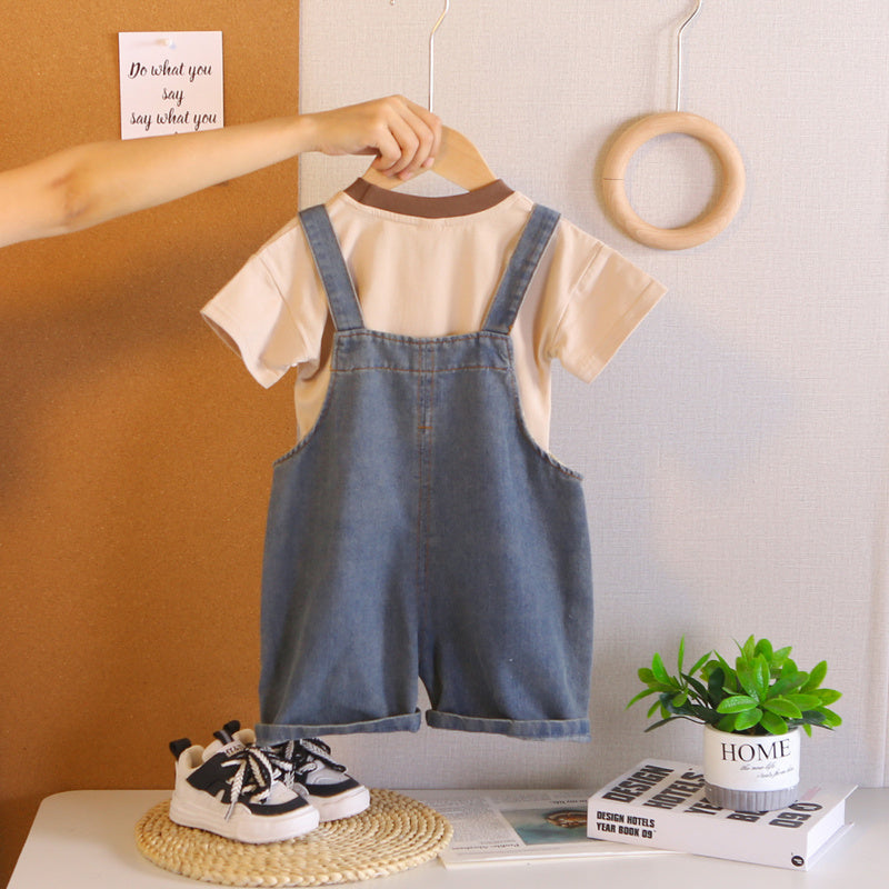 Boys' Summer Outfit 2026 New Fashionable Baby Duck Denim Overalls Short Sleeve Two-Piece Set for Toddlers