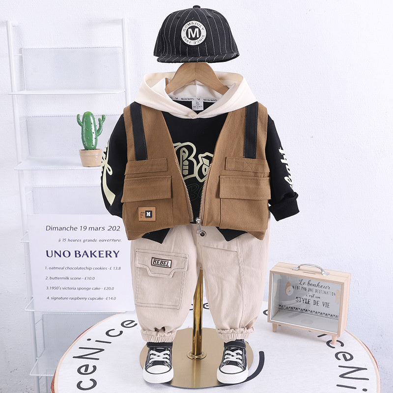 Children's Clothing Boys' 2023 Baby Boy Stylish Autumn Outfit Korean Version Street Style Fake Strap Vest Three-Piece Set