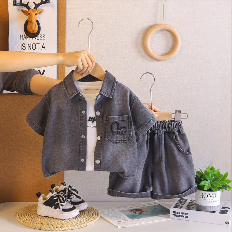 Boys' Summer Casual 2026 New Korean Style Children's Heart-Shaped Denim Cardigan Short-Sleeve Three-Piece Set