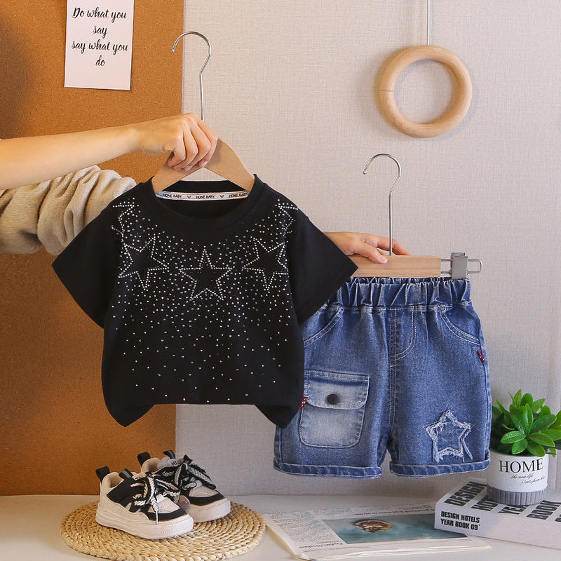 2026 Foreign Trade Summer Round Neck Rhinestone Children's Printed Thin T-shirt and Denim Two-piece Set Wholesale 3