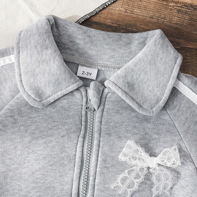 Autumn Girls' Gray Sports Lapel Zipper Cardigan + Flared Pants Lace Bow Children's Two-Piece Set