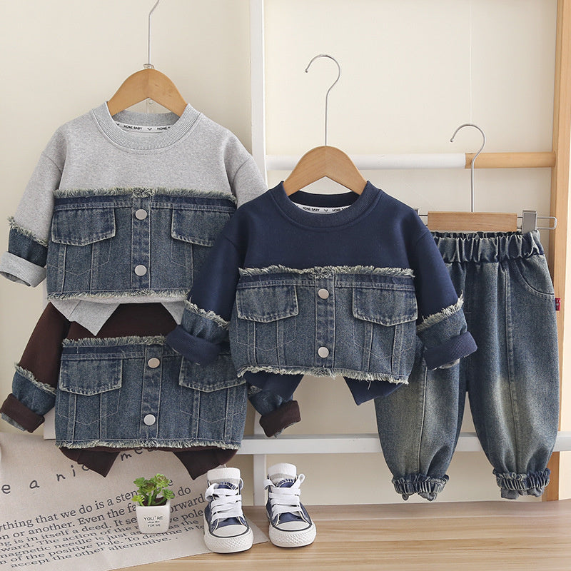 Boys' Outfit Baby 2026 New Fashionable Infant Spring and Autumn Denim Patchwork Sweatshirt Two-Piece Set Trendy
