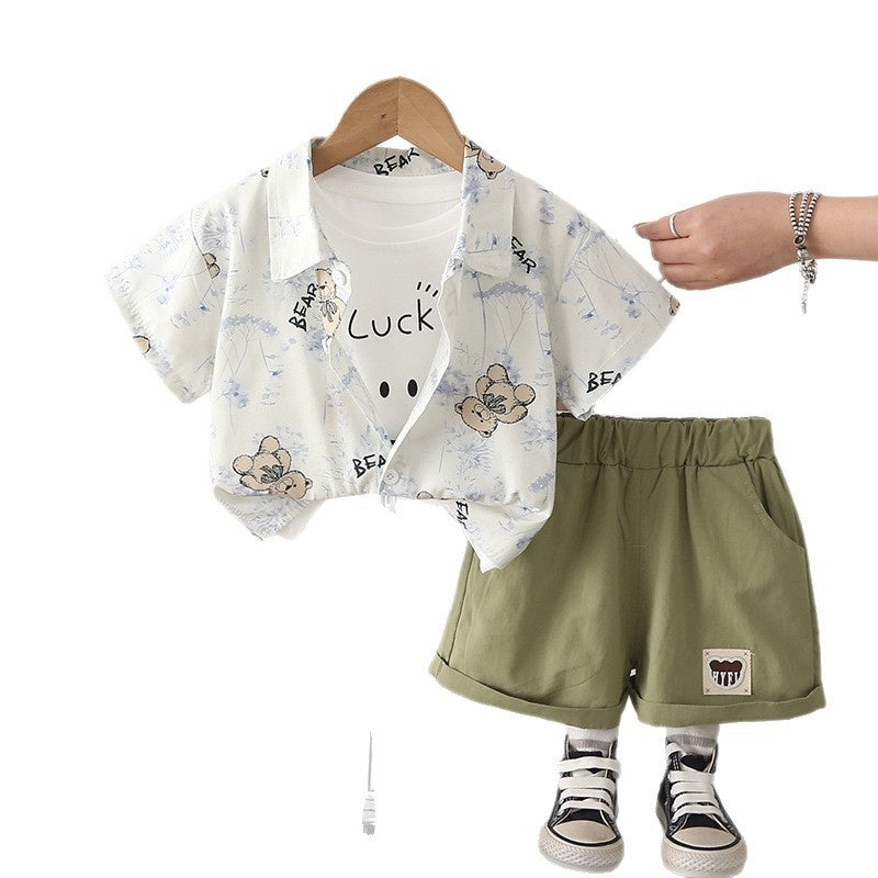 Boys' Outfit 2026 New Short-Sleeve Baby Boy Toddler Clothes Summer Bear Shirt Three-Piece Set Trendy