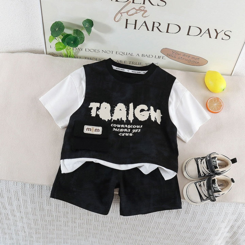 Boys' Outfit 2026 New Children's Clothing Summer Thin Style Baby Patchwork Short Sleeve Two-Piece Set Trendy and Cool